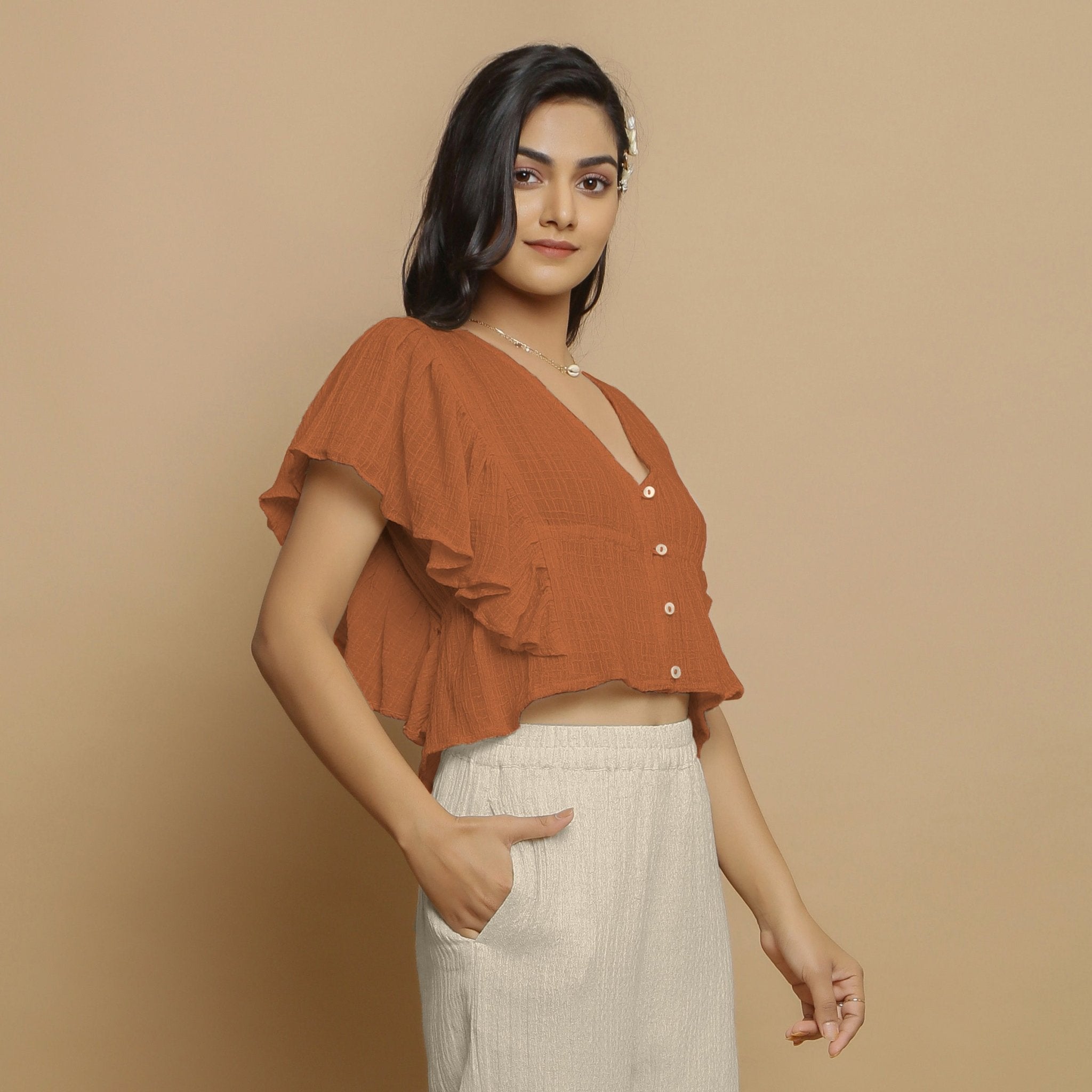 Rust Crinkled Cotton Butterfly Sleeves Crop Top