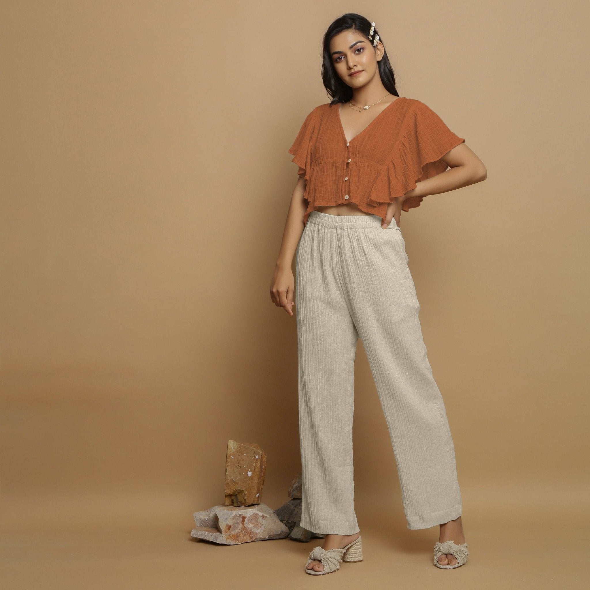 Rust Crinkled Cotton Butterfly Sleeves Crop Top