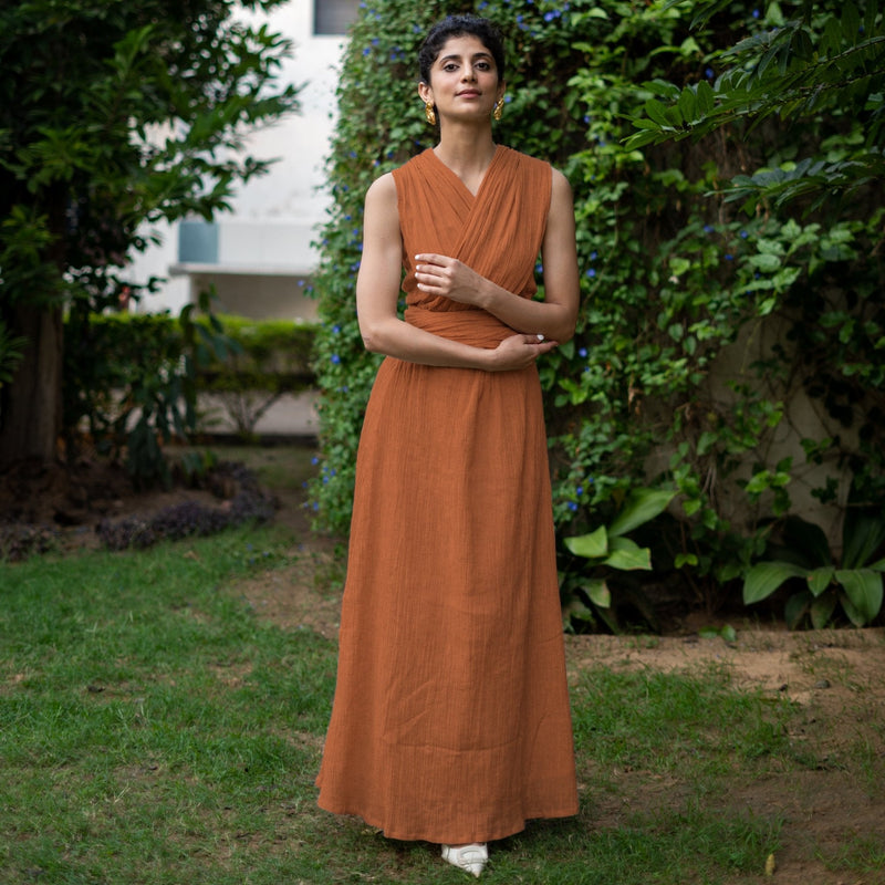 Rust Crinkled Cotton Flax Boho Infinity Drape Gown with Matching Tube