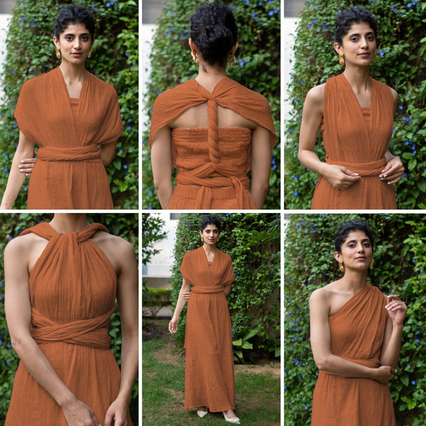 Rust Crinkled Cotton Flax Boho Infinity Drape Gown with Matching Tube