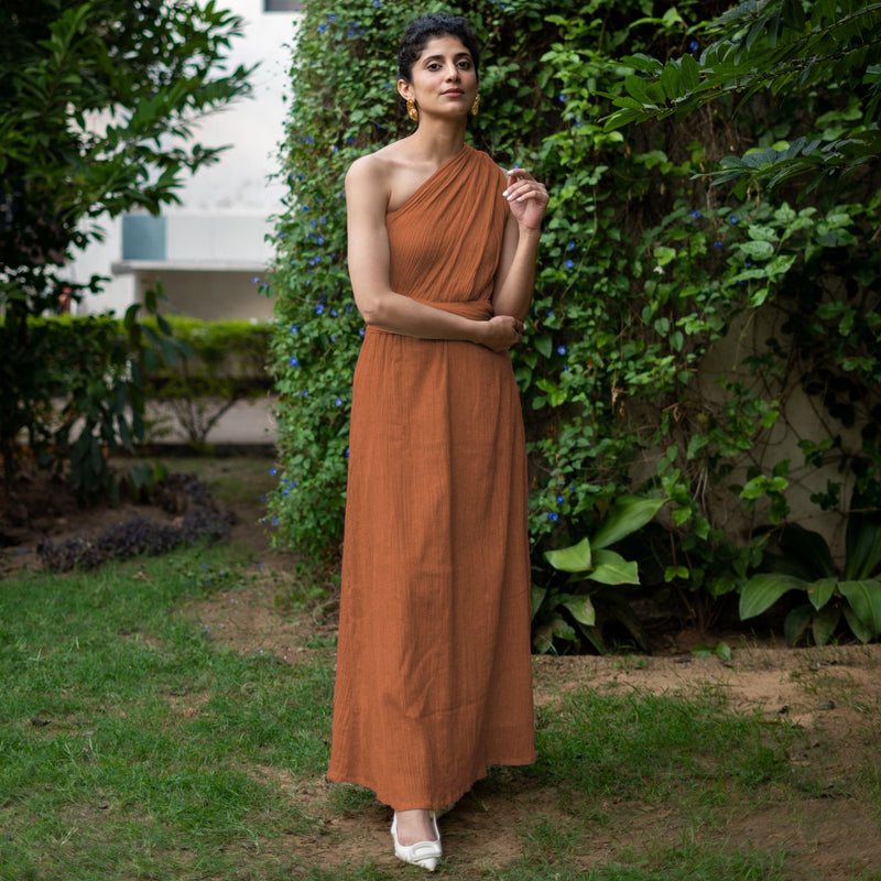 Rust Crinkled Cotton Flax Boho Infinity Drape Gown with Matching Tube