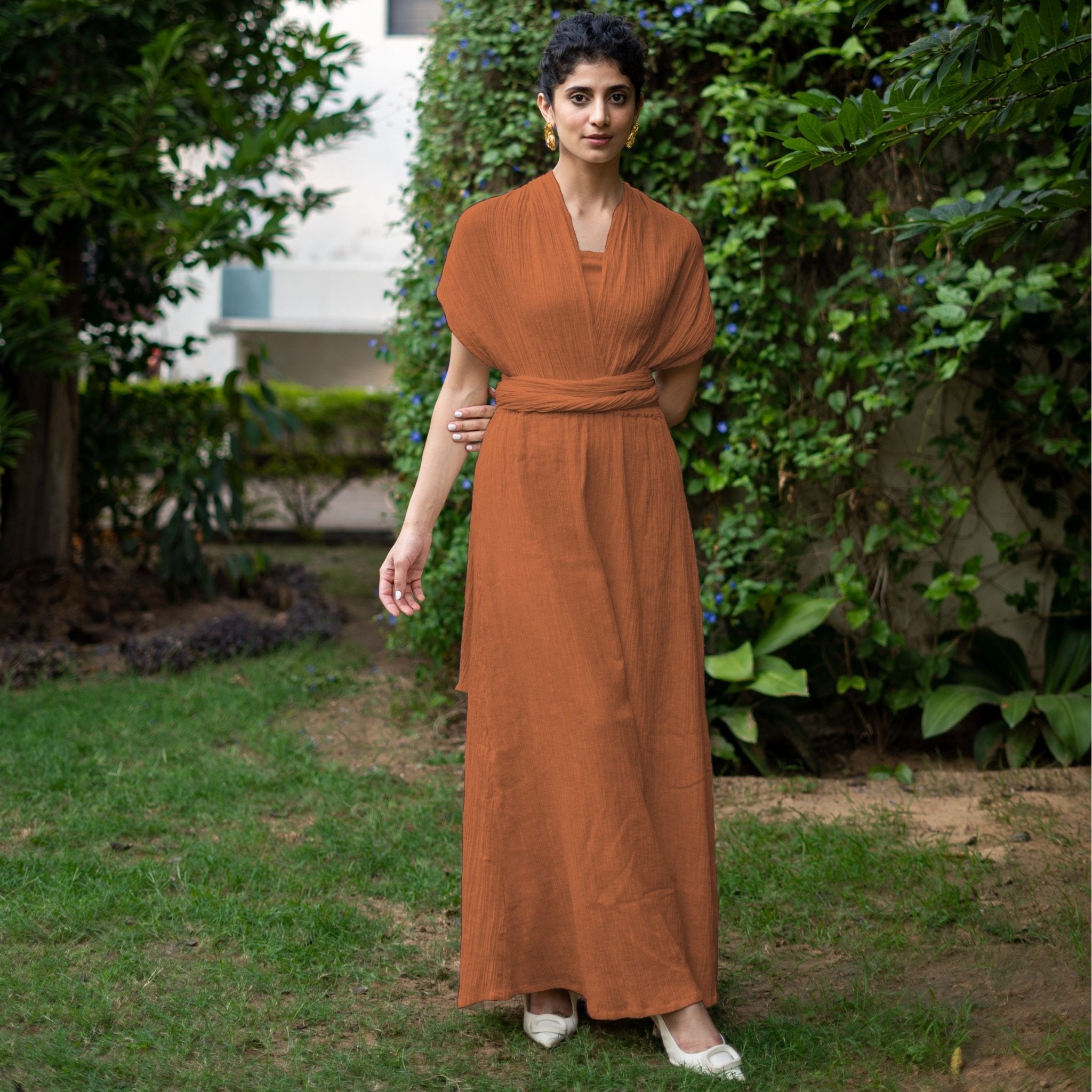 Rust Crinkled Cotton Flax Boho Infinity Drape Gown with Matching Tube