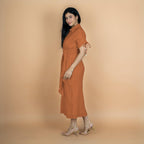Rust Crinkled Cotton Flax Boho Maxi Button-Down Shirt Dress
