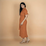 Rust Crinkled Cotton Flax Boho Maxi Button-Down Shirt Dress