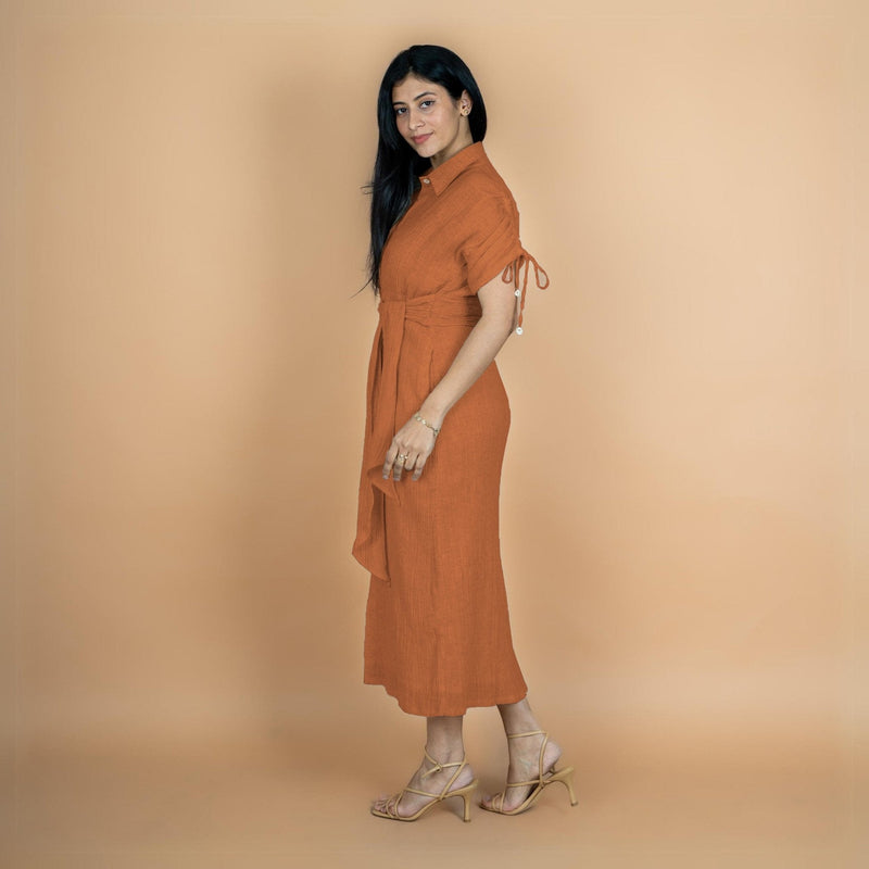 Rust Crinkled Cotton Flax Boho Maxi Button-Down Shirt Dress