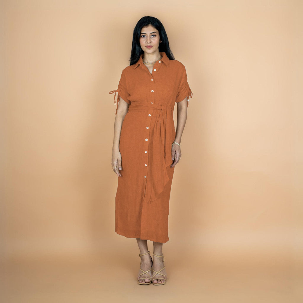 Rust Crinkled Cotton Flax Boho Maxi Button-Down Shirt Dress