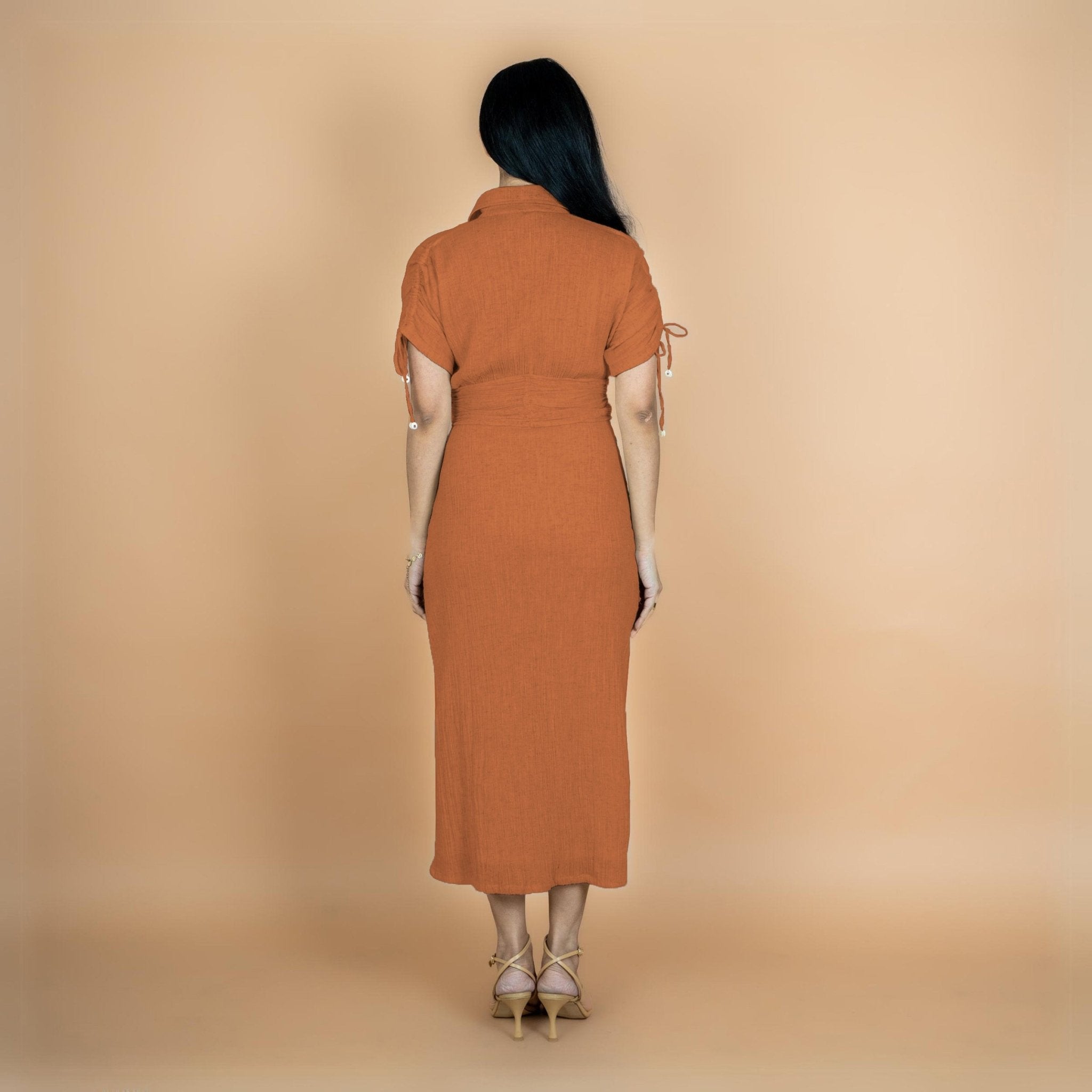 Rust Crinkled Cotton Flax Boho Maxi Button-Down Shirt Dress