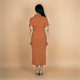 Rust Crinkled Cotton Flax Boho Maxi Button-Down Shirt Dress