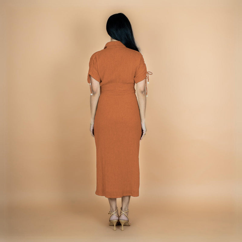Rust Crinkled Cotton Flax Boho Maxi Button-Down Shirt Dress