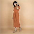 Rust Crinkled Cotton Flax Boho Maxi Button-Down Shirt Dress