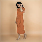 Rust Crinkled Cotton Flax Boho Maxi Button-Down Shirt Dress