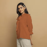Rust Crinkled Cotton Flax Boho Tie-Neck Top