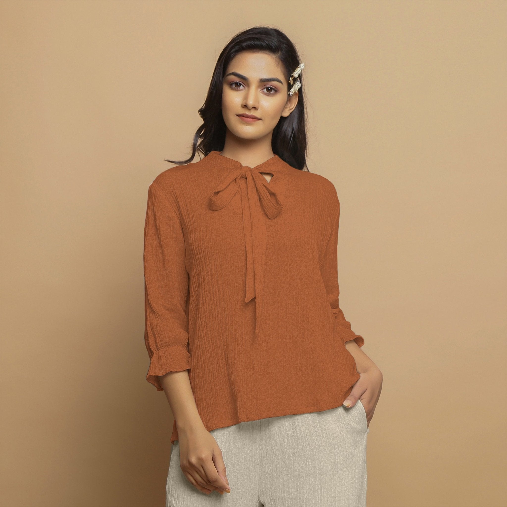 Rust Crinkled Cotton Flax Boho Tie-Neck Top