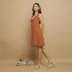 Rust Crinkled Cotton Flax Deep Neck Sleeveless Short Dress