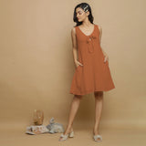 Rust Crinkled Cotton Flax Deep Neck Sleeveless Short Dress