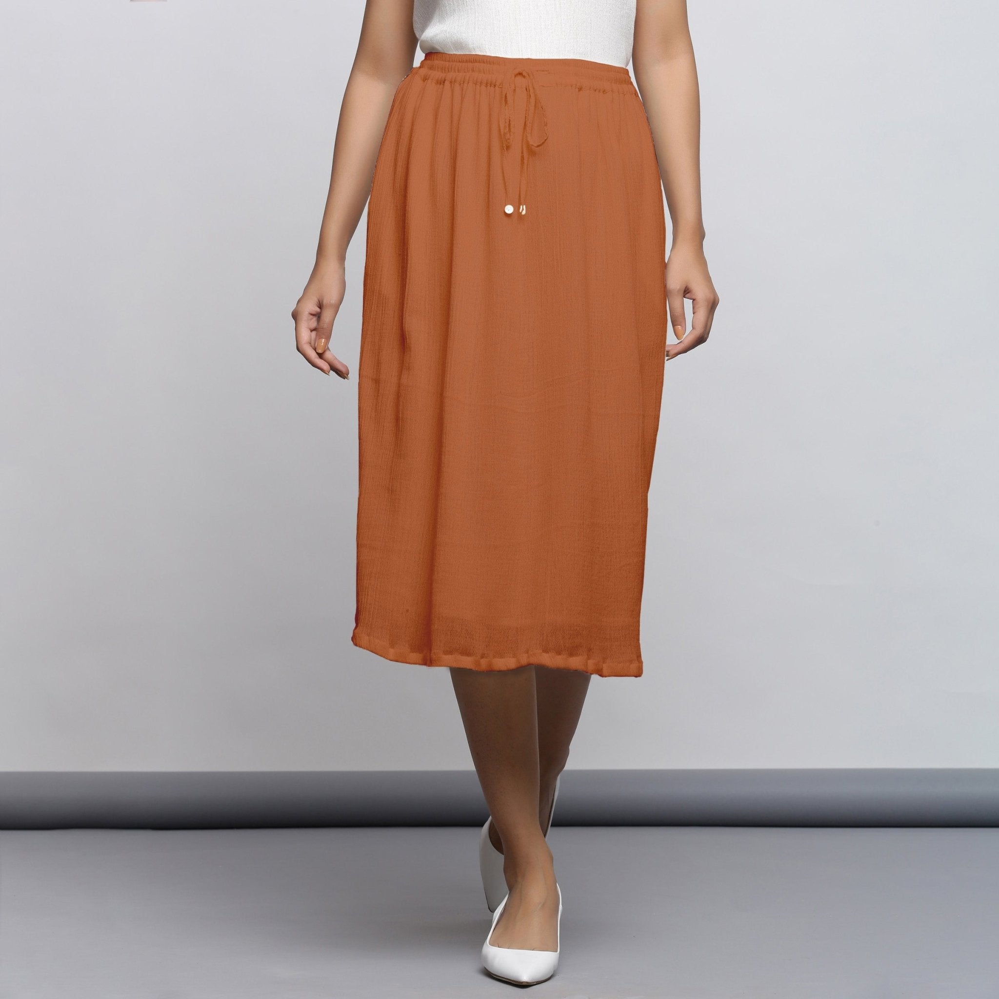Rust Crinkled Cotton Flax Elasticated Flared Midi Skirt