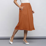 Rust Crinkled Cotton Flax Elasticated Flared Midi Skirt