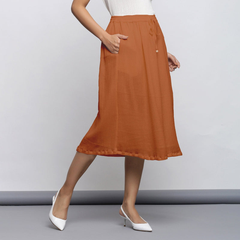 Rust Crinkled Cotton Flax Elasticated Flared Midi Skirt