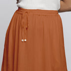 Rust Crinkled Cotton Flax Elasticated Flared Midi Skirt
