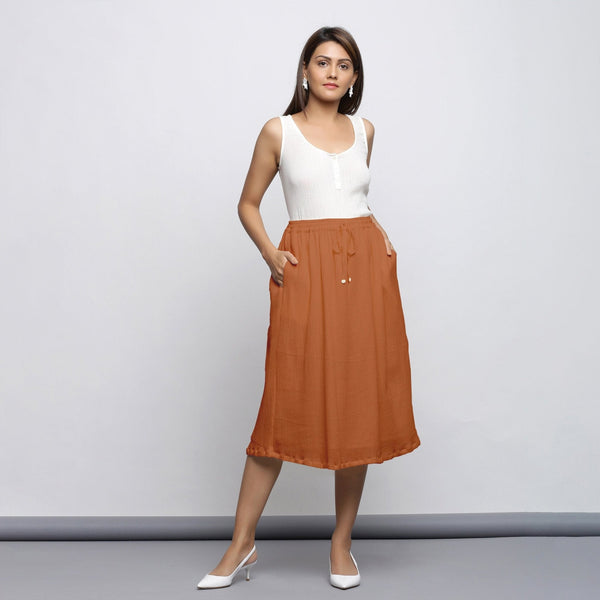 Rust Crinkled Cotton Flax Elasticated Flared Midi Skirt