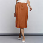 Rust Crinkled Cotton Flax Elasticated Flared Midi Skirt