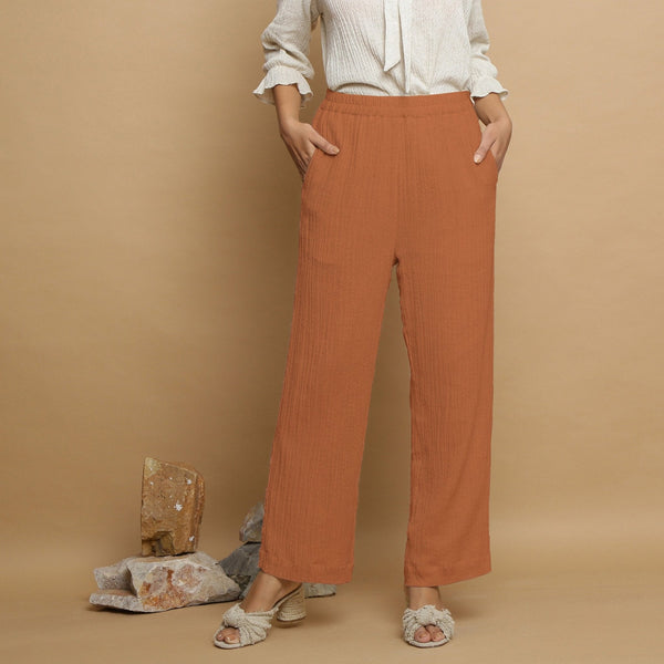 Rust Crinkled Cotton Flax Elasticated Mid-Rise Pant