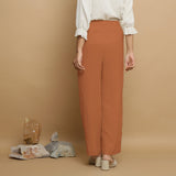 Rust Crinkled Cotton Flax Elasticated Mid-Rise Pant