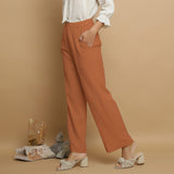 Rust Crinkled Cotton Flax Elasticated Mid-Rise Pant