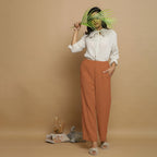 Rust Crinkled Cotton Flax Elasticated Mid-Rise Pant