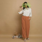 Rust Crinkled Cotton Flax Elasticated Mid-Rise Pant