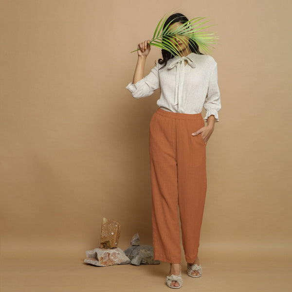 Rust Crinkled Cotton Flax Elasticated Mid-Rise Pant
