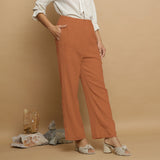 Rust Crinkled Cotton Flax Elasticated Mid-Rise Pant