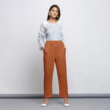 Rust Crinkled Cotton Flax Elasticated Mid-Rise Tapered Pant