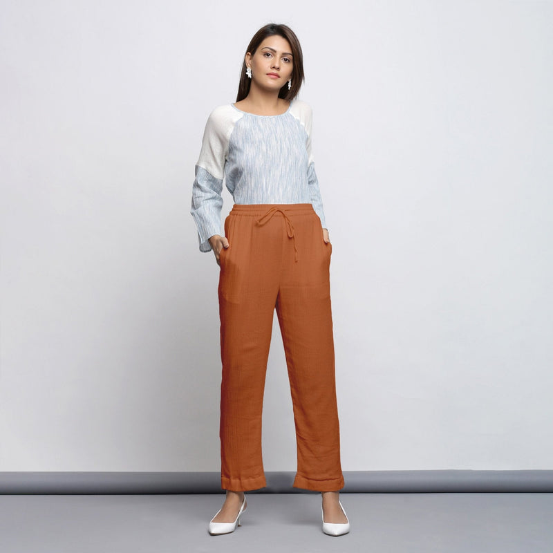 Rust Crinkled Cotton Flax Elasticated Mid-Rise Tapered Pant