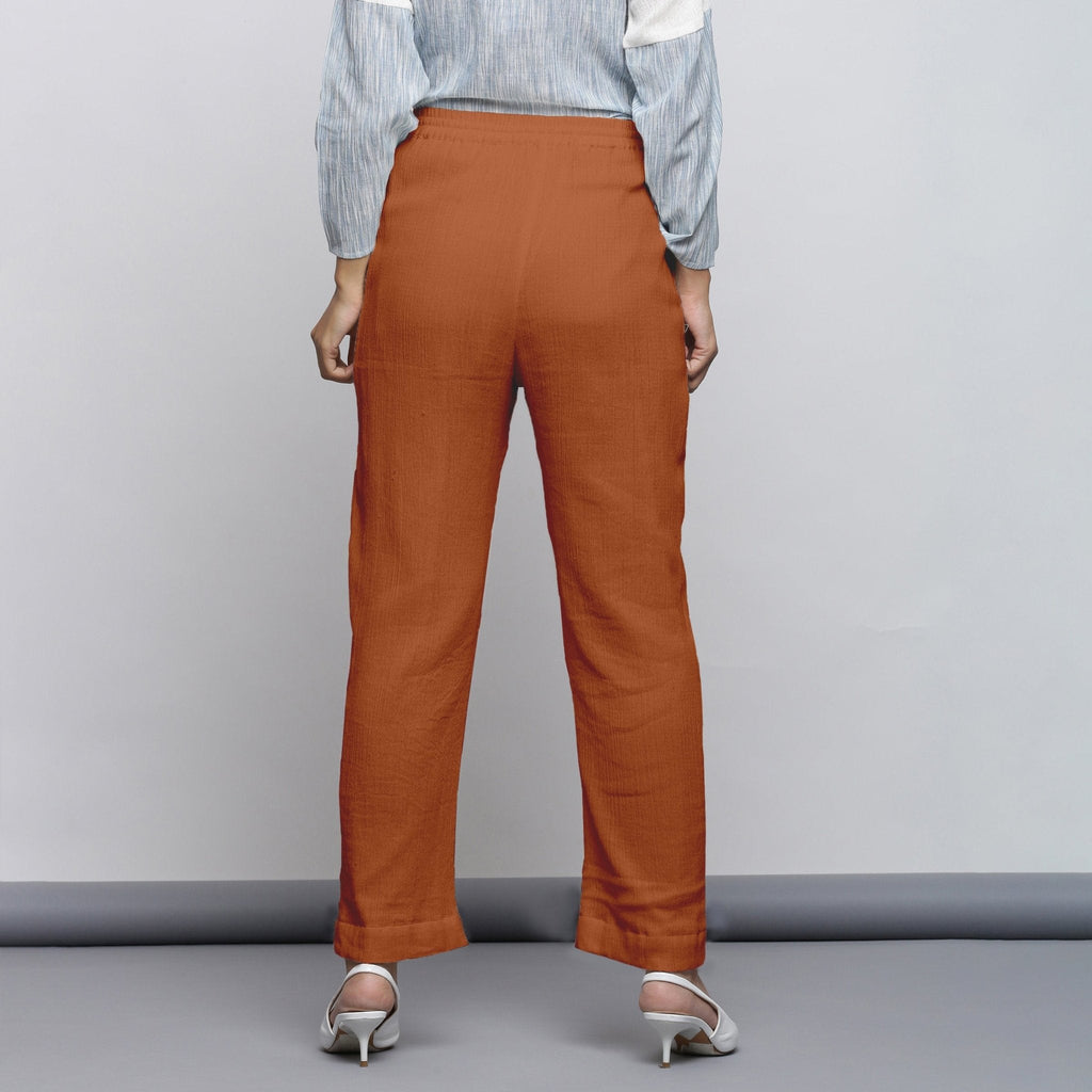 Rust Crinkled Cotton Flax Elasticated Mid-Rise Tapered Pant