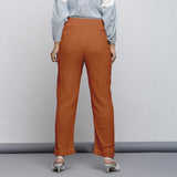 Rust Crinkled Cotton Flax Elasticated Mid-Rise Tapered Pant