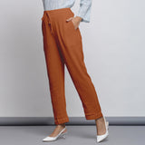 Rust Crinkled Cotton Flax Elasticated Mid-Rise Tapered Pant