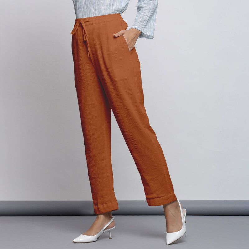 Rust Crinkled Cotton Flax Elasticated Mid-Rise Tapered Pant