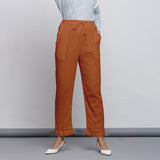Rust Crinkled Cotton Flax Elasticated Mid-Rise Tapered Pant