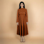 Rust Crinkled Cotton Flax Fit and Flare Maxi Empire Dress