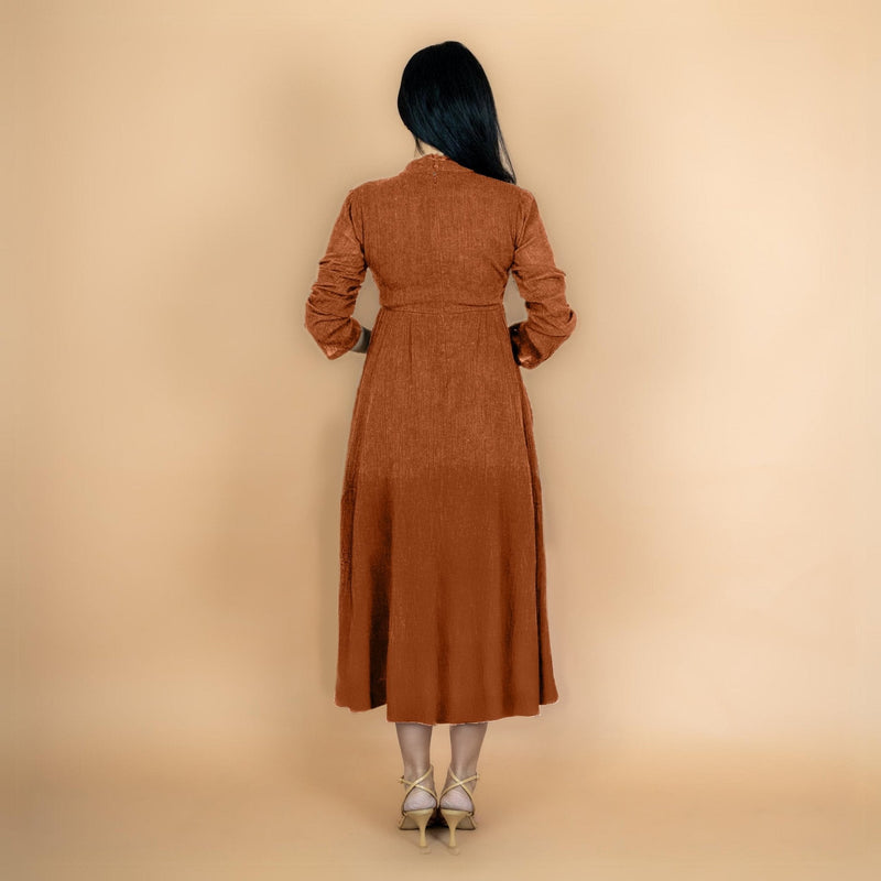 Rust Crinkled Cotton Flax Fit and Flare Maxi Empire Dress
