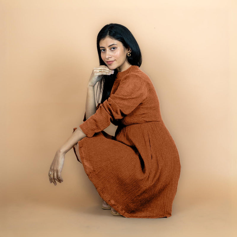 Rust Crinkled Cotton Flax Fit and Flare Maxi Empire Dress