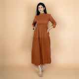 Rust Crinkled Cotton Flax Fit and Flare Maxi Empire Dress