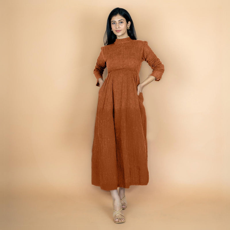 Rust Crinkled Cotton Flax Fit and Flare Maxi Empire Dress
