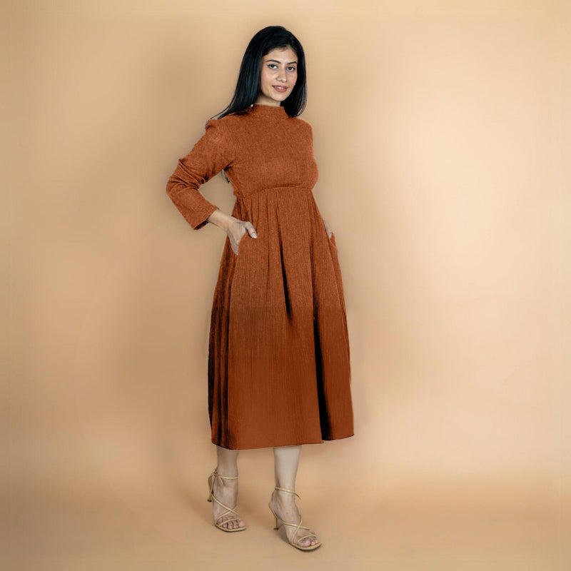 Rust Crinkled Cotton Flax Fit and Flare Maxi Empire Dress