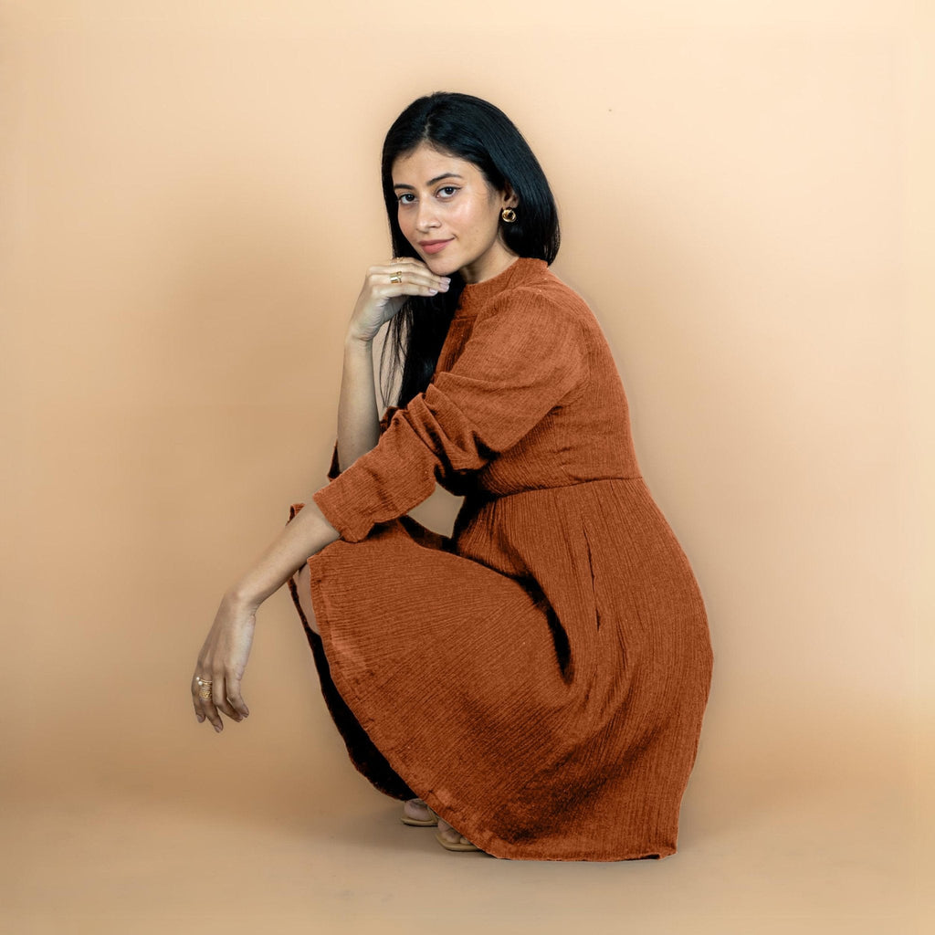 Rust Crinkled Cotton Flax Fit and Flare Short Empire Dress