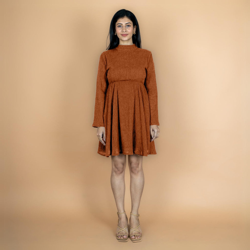 Rust Crinkled Cotton Flax Fit and Flare Short Empire Dress