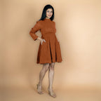 Rust Crinkled Cotton Flax Fit and Flare Short Empire Dress