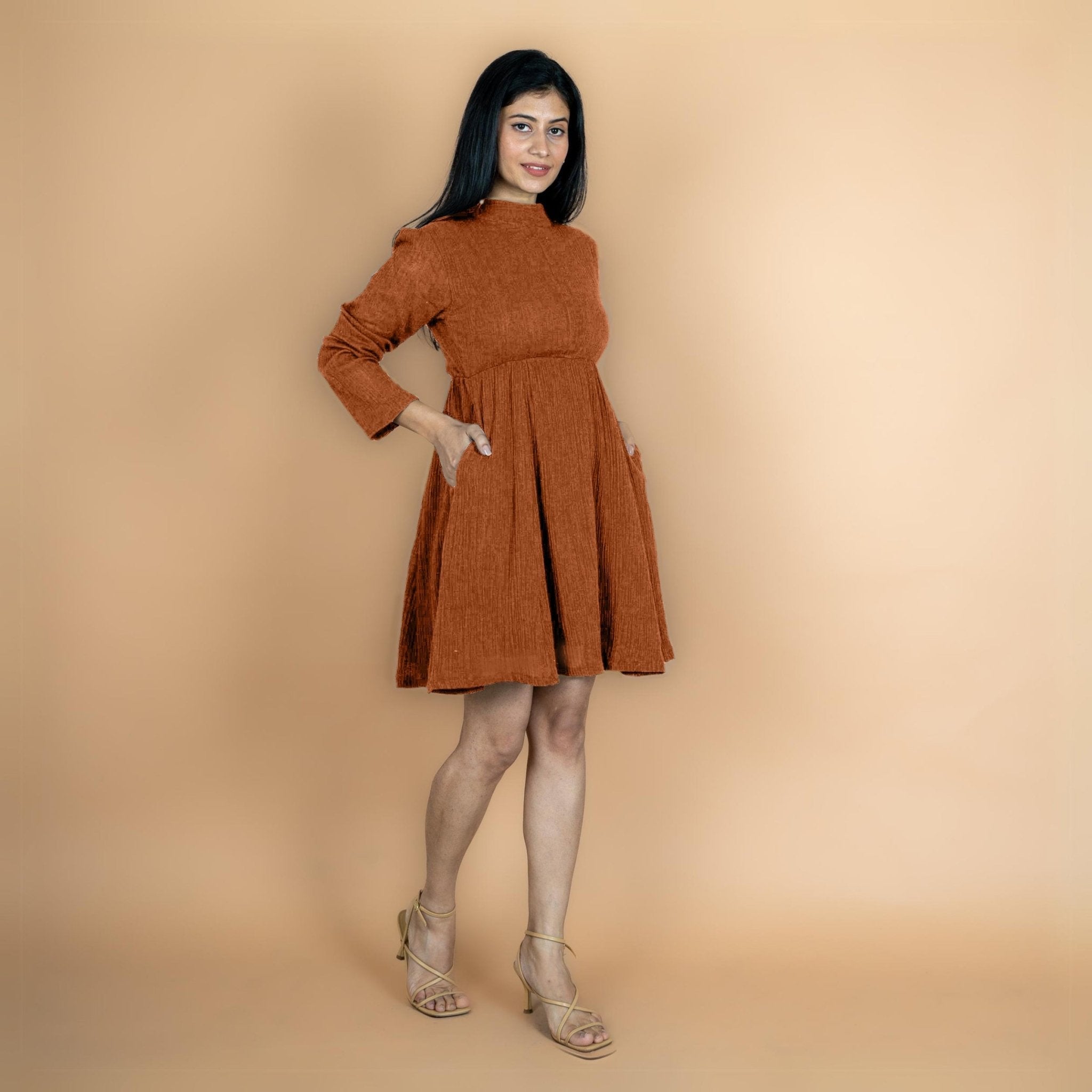 Rust Crinkled Cotton Flax Fit and Flare Short Empire Dress