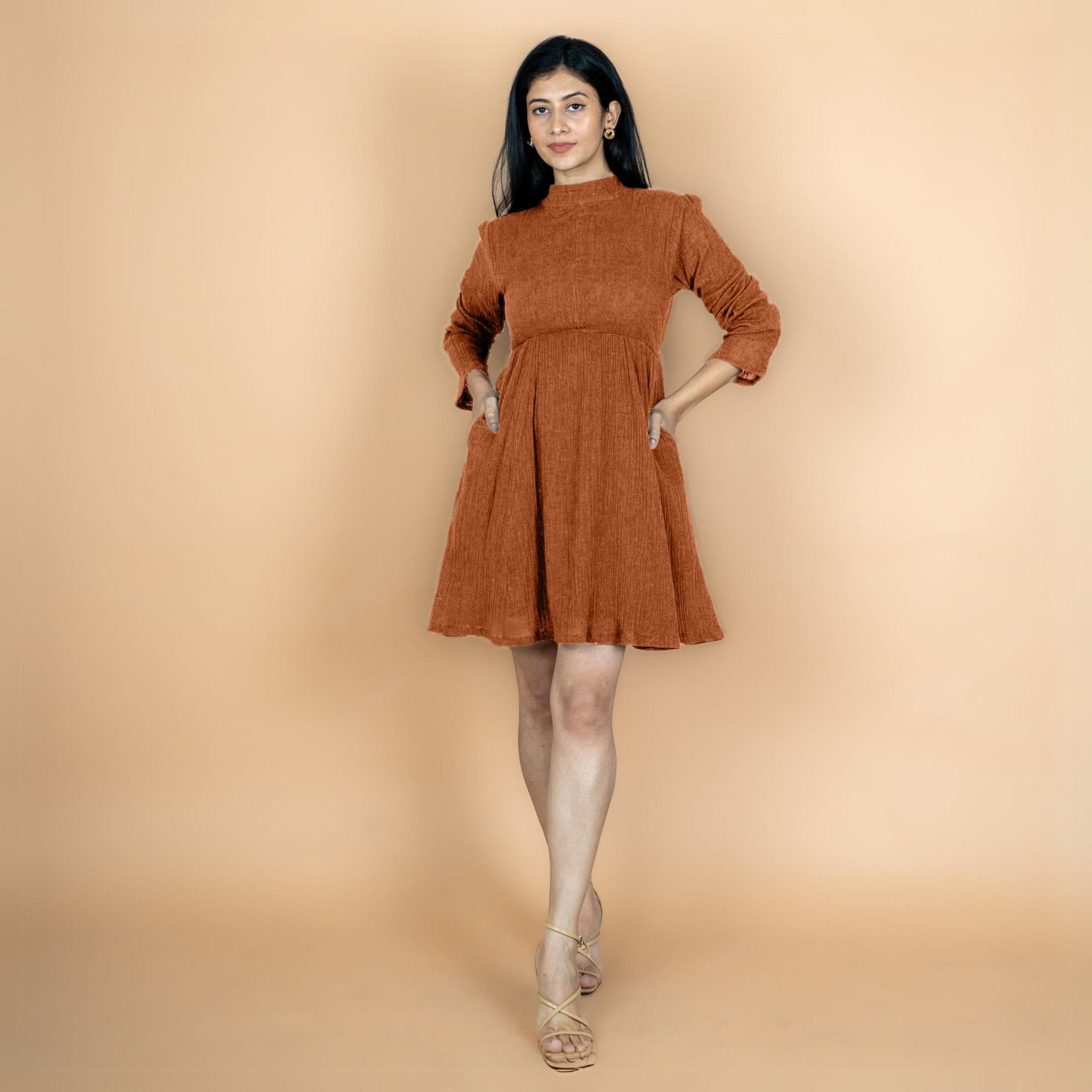 Rust Crinkled Cotton Flax Fit and Flare Short Empire Dress